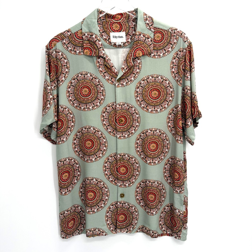 Rhythm Button Down Shirt Mandala Medallion Mens M Short Sleeve Camp Sage Green